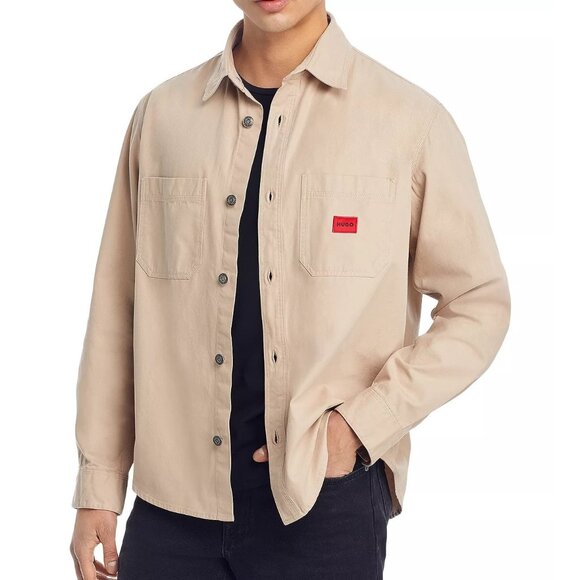 Hugo Boss Men's HUGO Oversized Erato Cotton Twill Red Logo LS Overshirt Beige L - Picture 1 of 8